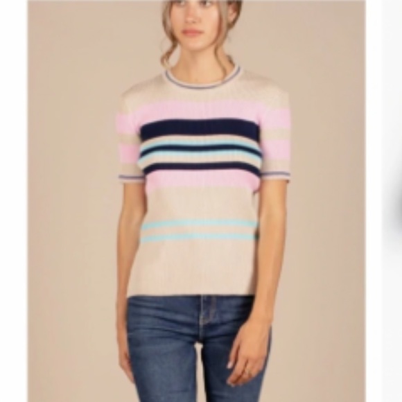 Roolee Ribbed 3/4 Sleeve Pullover Beige Striped Pink Blue Sweater Sz S - Picture 11 of 11